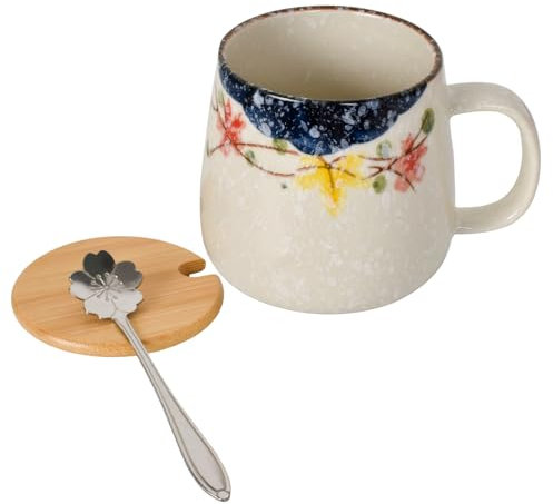 Tazas de Café Dulce, 380ML Taza de Café De Cerámica, Copa de Mañana con Tapa&Cuchara, Taza de Cerámica con Mango para Mayor Seguridad, Taza de Té para Oficina, Hogar, Regalo, para Café Té Agua (Flor)
