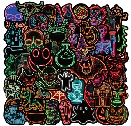 Neon-Halloween-Aufkleber, Horror-Graffiti-Aufkleber 50X, wasserdichte Wasserflaschen-Aufkleber für Halloween-Partygeschenke, dekorative Laptop-Aufkleber für Kinder