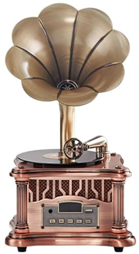 Grammofono vintage con giradischi Bluetooth, radio FM e telecomando, corno in metallo retrò per decorazione domestica e intrattenimento