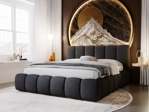 GRAINGOLD Cloud Bett 160x200, Polsterbett mit Bettkasten, Polsterbett mit Stauraum, Bouclé-Stoff, mit Lattenrost, mit Kopfteil, ohne Matratze (Schwarz, 160x200)