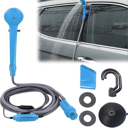 PORFOYO Ducha Camping Portátil 12 V con bomba 7 m de manguera, kit de ducha de camping para camping, coche, jardín, perros – ducha portátil con cable de 5 m, 3,5 l/min, accesorios, azul