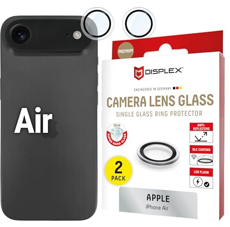 Displex Premium Kamera Schutzringe für iPhone Air (10H), Echtglas, DLC | DISPLEX Premium Camera Lens Glass, Echtglas, 10H Härte, transparente Ringe, Ultra-Clear, Quick Mount, Anti-Fingerprint
