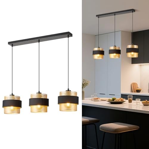 HARPER LIVING 3-Light Pendant Light, Kitchen Island Lighting - Black Fabric & Gold Mesh Metal Shade - Dining Room Lights Ceiling Over Table, 122cm Height Adjustable E27 Bases Hanging Lamp