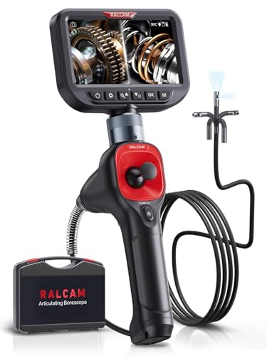 Ralcam 360° Articulating Borescope Dual Lens, Joystick 4 Ways Industrial Endoscope Camera with Light, Semi-Rigid Snake Inspection Camera for Engine, Pipe, HVAC & Automotive