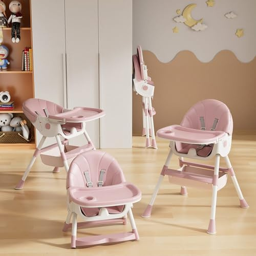 6 en 1 chaise haute bébé evolutive pliable chaise haute transat chaise reglable hauteur avec table et roulettes - Rose