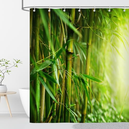 OCEUMACO Duschvorhang 180x180 Anti Schimmel Wasserdicht Textil Shower Curtains A3 Grün Bambus Zen Motiv Duschvorhänge Badewanne Waschbar Stoff aus Polyester Bad Vorhang mit Haken