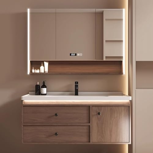 Set di mobili da bagno marrone con armadietto a specchio a LED e lavandino, 90 cm, montaggio a parete, mobiletto da bagno moderno ed elegante per decorare la casa