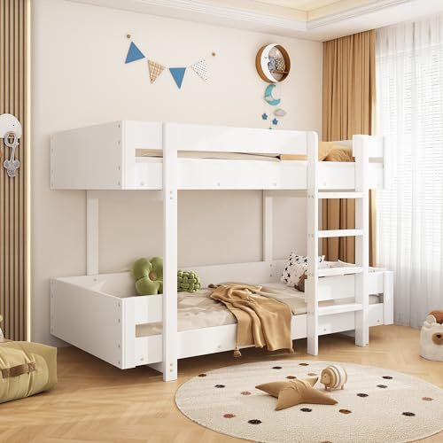 Aunvla Kinder-Etagenbett, Doppelbett, Mit Treppe, Schlichtes Design, Verstärktes Geländer, ohne Matratze, 90 * 200cm, Weiß
