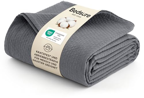 BEDSURE Tagesdecke 100% Baumwolldecke 220x240 - Hundedecke, Grau | Kuscheldecke mit Rautenmuster Haustierfreundlich, Scheuerfest, Nicht Fadenziehend Ideal für Sofa, Sommerdecke, Musselin Decke