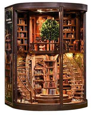 KaayeeWood DIY Book Nook Kit,356 PCS 3D Holzpuzzle Miniatur Booknook | Booknook Bücherregal Dekor mit LED Lampe,Bastelset Erwachsene,DIY Puppenhaus Holz Haus Kit(Ringe der Weisheit)