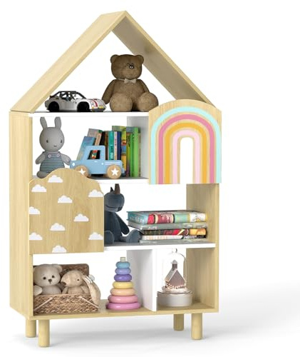 DREAMADE Kinderregal im Hausform, Spielzeugregal mit 5 offene Fächern, 2 Fächern mit Türen, rutschfesten Füßen & Kippsicherung, Bücherregal aus Holz, Aufbewahrungsregal für Kinderzimmer