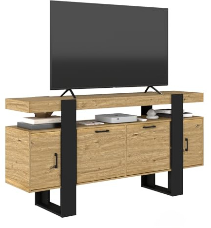 Songvas Mueble TV 140cm - Mueble TV Estilo Industrial, Muebles de Salon con 2 Cajones y 2 Puertas Armario, con Luces LED, Estructura Imitación Roble+Marco Negro,Apto para Salón/Dormitorio 140x40x80cm