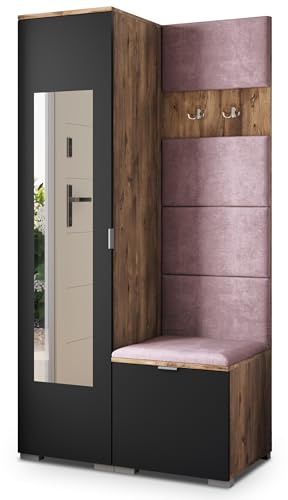 Masseno Flugarderoben Set VIRA, Kleiderschrank-Set mit Spiegel und Sitzbank, Garderobenschrank Flur mit 3 Regalböden, Eiche Lefkas/Schwarz