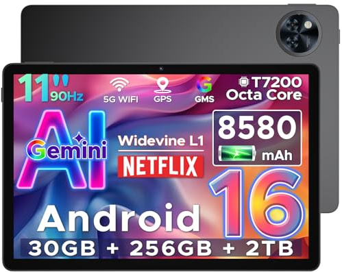 POPUX U11 Pro Android 16 Tablet 11 Pulgadas, 30GB RAM+256GB ROM/2TB TF, Tablet Gaming Octa-Core, HD IPS 90Hz, 8580mAh Batería, WiFi 5/ Widevine L1/ 13MP+5MP/Face ID/GMS/3.5mm Jack Tablets para Niños