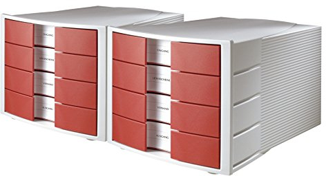 HAN 1010-X-17, 2er Set Schubladenbox IMPULS, Innovatives, attraktives Design in höchster Qualität. Mit großem Beschriftungsfeld und 4 geschlossenen Schubladen, lichtgrau/rot