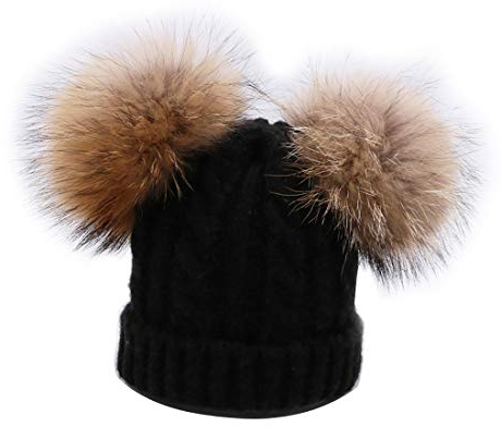 BeFur Kinder Winter Zopfmuster Bommelmütze Hut Beanie Cap mit zwei Bommel - schwarz