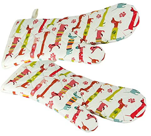SPOTTED DOG GIFT COMPANY Gants de Four Anti Chaleur au Mignon Teckel Chien Imprimé, 100% Coton Maniques Cuisine avec Boucle Suspendue, Idée Cadeau pour Amoureux des Chiens, 1 Paire 35x17cm