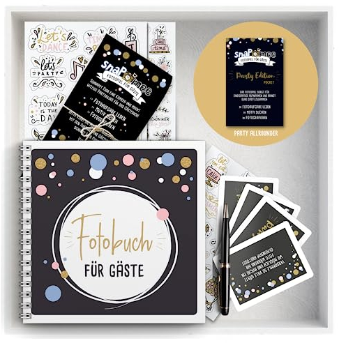 Fotospiel Set Party by snaPmee - Fotoaufgaben, Hardcover-Gästebuch (21x21cm), Stift, Sticker, Aufsteller - Party-Spiel für Gäste (Geburtstage, Hochzeit & Co)