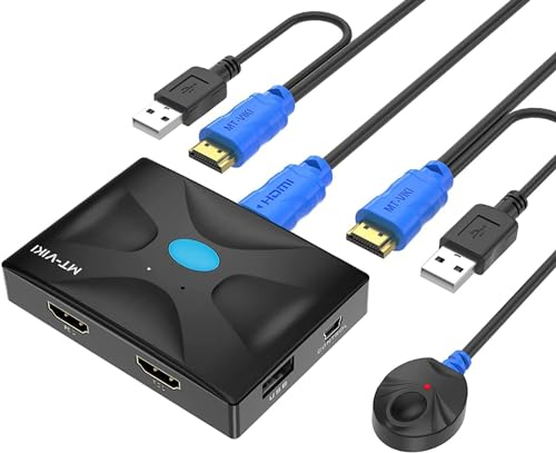 KVM Switch HDMI 2 port Boxes, MT-VIKI 4K@30hz USB KVM HDMI Console for 2 Computers share 1 HD Monitor and Keyboard Mouse with 2 pack 2in1 KVM Cables + Desktop Selector