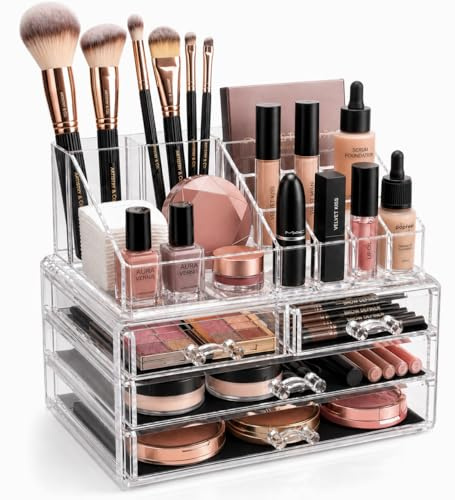 Brookstone Makeup Organizer Case - Countertop Storage With Drawers, Acrylic Cosmetic Display Box, Vanity Organizer and Makeup Holder For Accessories
