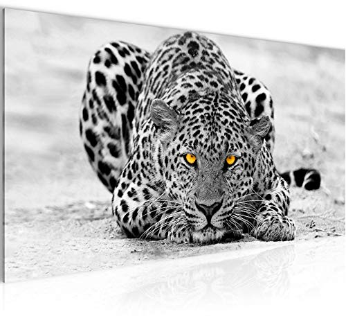 Runa Art Wandbild Afrika Leopard 1 Teilig 100 x 40 cm Modern Bild auf Vlies Leinwand Raubkatzen Wohnzimmer Schlafzimmer Grau Gelb 000312a