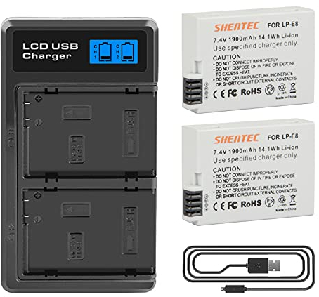 2X Shentec 1900mAh Li-Ion Batteries pour Canon LP-E8 Rebel T3i T2i T4i T4i T5i EOS 600D 550D 650D 700D Kiss X5 X4 Kiss X6 LC-E8E