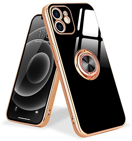 Urarssa for iPhone 12 Phone Case Magnetic Ring Holder 360 Degree with Rotation Finger Car Holder Shockproof Case Cover for iPhone 12-Black