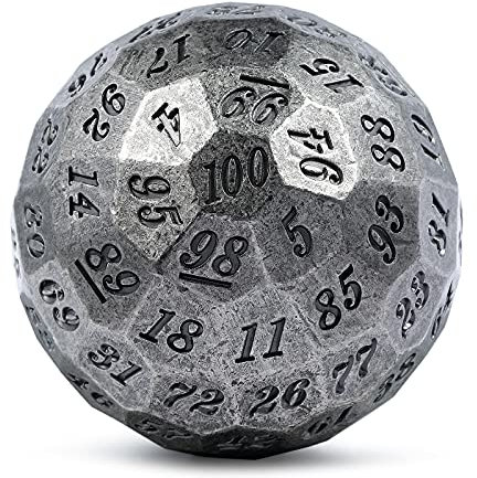 DNDND Iron D100 - Set di dadi in metallo, 50 mm, 100 facce, con custodia in metallo e sacchetto di velluto, per giochi da tavolo, Dungeons and Dragons (ferro con numero nero)