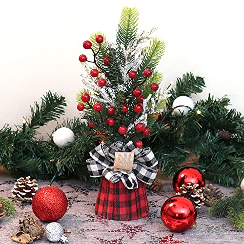 COM-FOUR® Deko-Baum, dekorativer Kleiner Schmuckbaum, tolle Tischdeko, optimal für die Adventszeit, ergänzt Kränze und Girlanden (35cm grüne Zweige + rote Beeren)