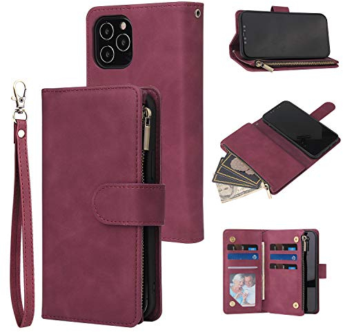 QLTYPRI Case for iPhone 13, Large Capacity Leather Wallet Case 6 Card Holder & 1 Zipper Pocket Kickstand Wrist Strap Magnetic Case for iPhone 13 - Red
