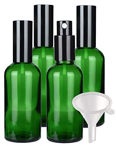 TIANZD 4 Pieces Empty 100ml Green Glass Spray Bottle, Fine Mist Spray Bottles with Black Sprayer and Metal Cover for Perfume, Aromatherapy, Cosmetic Travel Containers Refillable, 1x Funnel