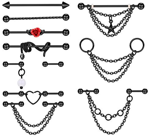 Kakonia Industrial Piercing Schmuck 14G 16G Edelstahl Industrial Ohrringe mit Kette Dangle Industrielles Piercing Bar Doppelknorpel Helix Ohrringe Industrial Langhantel für Damen
