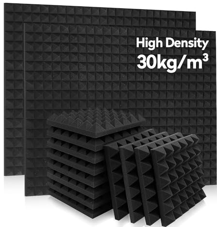 Auslet Lot de 36 panneaux acoustiques pyramidaux insonorisants pour murs - 30 kg/m3 - Haute densité - Panneaux acoustiques noirs en mousse - Panneaux insonorisants pour murs - 30,5 x 30,5 x 5,1 cm
