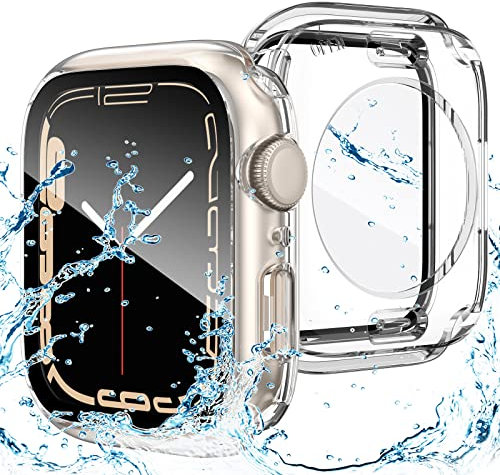 Goton Custodia impermeabile 2 in 1 per Apple Watch Series 9 8 7 Pellicola protettiva 41 mm, 360 vetro protettivo per il viso in policarbonato rigido + telaio posteriore per accessori iWatch 41 mm