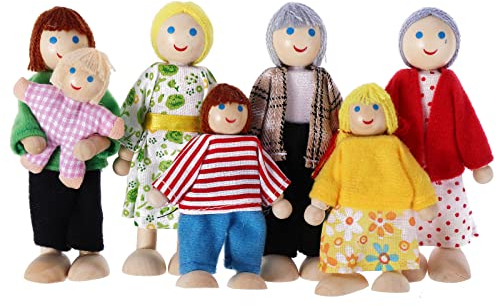 Cobee Dollhouse Family Figures - 7 Pieces Wooden Doll House People, Mini Pretend Play Miniature Figures (C)