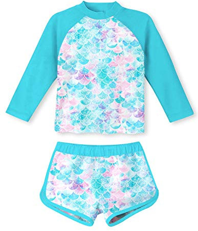 TUONROAD Baby Girl Mermaid 2 Piece Swimsuit Long Sleeve UPF 50+ Protection Swimming Set Swimwear for Kids 3-4 Years Blue