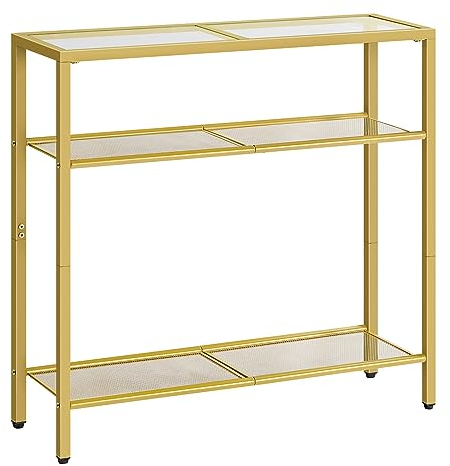 HOOBRO Mesa de Consola, Consola de Tres Niveles, Mesa Auxiliar de Sofá con Cristal Templado, Adecuada para la Entrada, Sala de Estar, Vestíbulo, Pasillo, Dormitorio, Dorado EGD21XG01G1