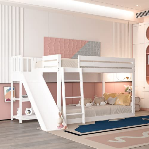 KEEPREAPER Etagenbett Hochbett 90x200 für 2 Kinder mit Rutsche, Treppe und Regale, Kinderbett mit Rausfallschutz und Lattenrost, Hausbett mit Stauraum, Kieferholz, Weiß