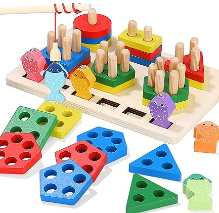 Xespis Montessori Spielzeug 1 2 3 Jahre, 2-in-1 Holzspielzeug ab 1 Jahr, für Jungen und Mädchen, Motorikspielzeug, Steckspiel, Angelspiel, Baby Spielzeug, für Kinder als Geburtztag Geschenk