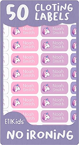 ETIKIDS - 50 Personalized No-Iron Name and Icon Stickers for Clothes and Objects, Ideal for School, Camp, Nursing Care, Microwave, Dishwasher and Freezer Safe, Color 15, Size 50, Material Vinyl