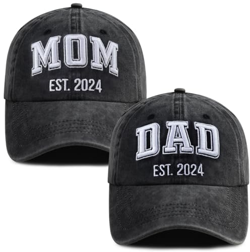 SHANVANKE Baseballkappe, Motiv: Papa und Mutter, EST 2024, lustig, verstellbar, Baumwolle, 3D-Stickerei, Geschenk für neue Eltern, 2 Stück, Dad Mom Est 2024 bestickt schwarz, Einheitsgröße