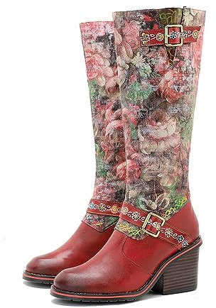 CrazycatZ Womens Leather Bohemian High Boots Splicing Floral Block Heel Patterned Long Boots (Red, 7)
