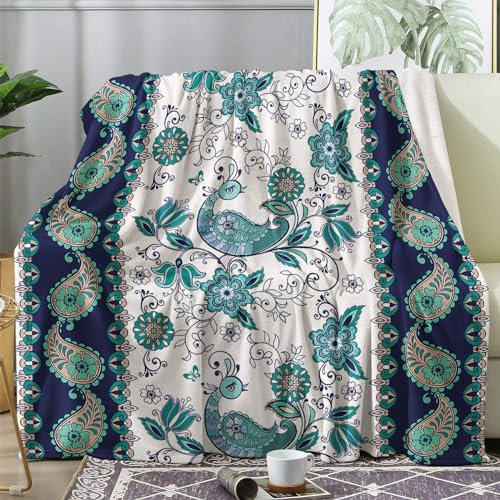 Kuscheldecke Flauschig Paisley, Große Decke Fleecedecke 220x240 Pflanzen Boho, Flanell Sofadecke Blanket XXL, Wohndecke Schlafdecke Winter Warm Weich, Deko Decken für Couch Bed