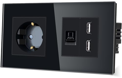 TAWOIA Schuko steckdose,1 Fach mit 1/2 Computer RJ45 Cat6 Internet Steckdose und 1/2 USB (2.4A) Schnittstelle,Kristallglas Rahmen Unterputzdose,Steckdose für,16A,Steckdose mit Usb Schwarz,86 * 157 mm