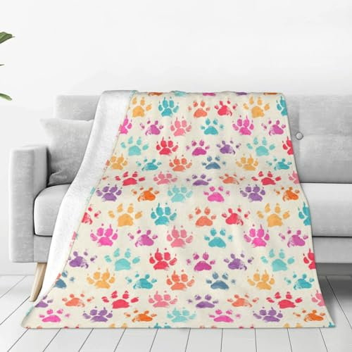 Decke, Bunte Hunde, Pfotenabdruck, weiche Überwurfdecke, ganzjährig warme Decken, leichte, Flauschige Flanell-Überwürfe für Bett, Sofa, Couch 150X125 cm