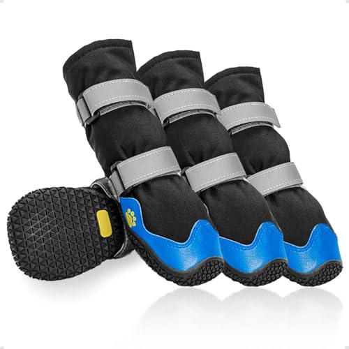 OHCOZZY Hundeschuhe mit reflektierenden Riemen, hohe Hundestiefel wasserdicht, Anti-Rutsch verschleißfeste Gummisohle Hundeschuhe Pfotenschutz fürkleine, mittlere und große Hunde(Größe S, Blau)