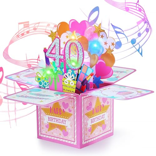 FWLWTWSS 40th Birthday Card with Lights & Music, 40th Birthday Cards for Women including Blowable Candle, 3d Pop Up 40th Birthday Cards for Men Mom & Aunt & Wife