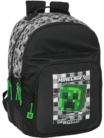 MINECRAFT - Mochila Escolar Infantil, Ideal para Niños de Diferentes Edades, Cómoda y Versátil, Calidad y Resistencia, 32x15x42 cm, Color Negro/Gris/Verde