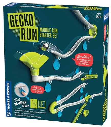 Gecko Run Kugelbahn Starterset von Thames & Kosmos - 63-teiliges vertikales Kugelbahnspielzeug mit flexiblen Schienen | Schnelle, saubere Einrichtung mit rückstandsfreien Nano-Klebepads für