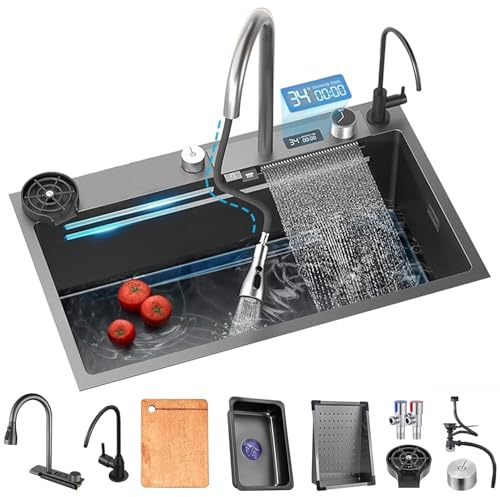 Fregadero De Cocina En Cascada De Acero Inoxidable 304 Negro, Fregadero De Estación De Trabajo Nano Con Pantalla Digital, Grifo Extraíble, Fregadero De Cocina Con Accesorios (Color : negro, S : 85x4